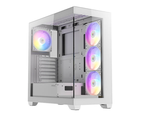 [107792] CASE GAMING ANTEC MID-TOWER. COLOR BLANCO. PANEL FRONTAL CON DISEÑO ÚNICO DE MALLA DIAMANTADA Y RAYAS PARA ALTO FLUJO DE AIRE. PANEL LATERAL COMPLETO DE VIDRIO TEMPLADO. INCLUYE TRES VENTILADORES ARGB DE 120MM PREINSTALADOS (DOS FRONTALES, UNO TRASERO). GESTIÓN DE CABLES: 20MM (IZQ) / 10MM (DER). CONECTIVIDAD FRONTAL: DOS PUERTOS USB 3.0, UN PUERTO USB 2.0, AUDIO HD Y BOTÓN DE CONTROL DE LED. SOPORTA PLACAS BASE ATX, MICRO-ATX E ITX. ALTURA MÁXIMA DISIPADOR CPU: 160MM. LONGITUD MÁXIMA GPU: 330MM. CAPACIDAD PARA DOS UNIDADES DE 3.5" Y DOS UNIDADES DE 2.5". FUENTE DE PODER ATX (HASTA 160MM CON HDD). FILTRO DE POLVO MAGNÉTICO SUPERIOR.