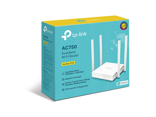 [108035] ROUTER INALÁMBRICO AC24 TP-LINK , DUAL BAND, WI-FI 5 (802.11AC), 433 MBPS (5 GHZ) + 300 MBPS (2.4 GHZ),  1 PUERTO WAN, 4 PUERTOS LAN, 4 ANTENAS FIJAS.