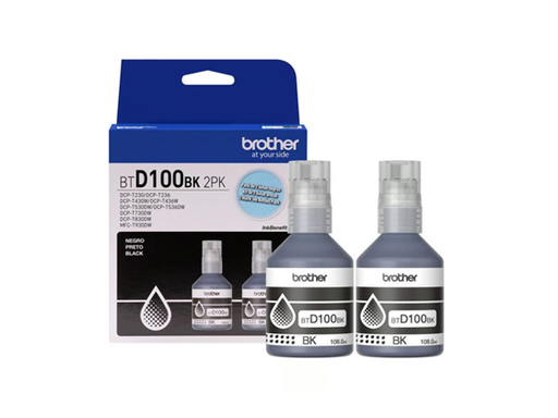 [107940] KIT DE 2 BOTELLAS DE TINTA BROTHER  - BTD100BK2PK  - NEGRO- 108.0ML - PARA IMPRESORA DCP-T230, DCP-T236, DCP-T430W, DCP-T436W, DCP-T530DW, DCP-T536DW, DCP-T730DW, DCP-T830DW Y MFC-T930DW.