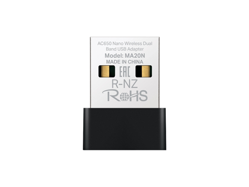 [108086] ADAPTADOR TP-LINK MERCUSYS MA20N USB DUAL BAND AC650, INTERFAZ DE ENTRADA: 1 PUERTO USB 2.0, INTERFAZ DE SALIDA: WI-FI DUAL BAND (5GHZ HASTA 433MBPS + 2.4GHZ HASTA 200MBPS), INSTALACIÓN: PLUG & PLAY, COMPATIBILIDAD: WINDOWS 11/10 (32/64BIT).