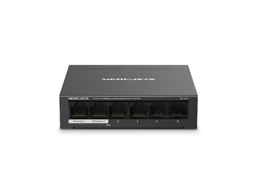 [108100] SWITCH 6 PUERTOS TP-LINK MERCUSYS MS106LP, NO ADMINISTRABLE/DESKTOP, 6 PUERTOS 10/100MBPS CON 4 PUERTOS POE+ (PRESUPUESTO DE ENERGÍA POE DE 40W), MODO EXTENDIDO HASTA 250M.