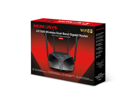[108112] ROUTER WIRELESS TP-LINK MERCUSYS MR60X AX1500 (WI-FI6), 2.4GHZ/300MBPS, 5GHZ/1201MBPS, 1 PUERTO WAN GIGABIT + 2 PUERTOS LAN GIGABIT, IEEE 802.11AX/AC/A/B/G/N, MU-MIMO, 4 ANTENAS EXTERNAS.