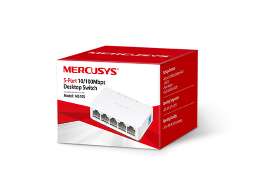 [108155] SWITCH 5 PUERTOS TP-LINK MERCUSYS MS105, NO ADMINISTRABLE/DESKTOP, 5 PUERTOS FAST ETHERNET (10/100MBPS), PLUG & PLAY, DISEÑO ULTRA-COMPACTO Y SILENCIOSO, STORE-AND-FORWARD (1GBPS)