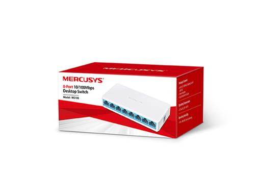 [108157] SWITCH 8 PUERTOS TP-LINK MERCUSYS MS108, NO ADMINISTRABLE/DESKTOP, 8 PUERTOS FAST ETHERNET (10/100MBPS), PLUG & PLAY, DISEÑO ULTRA-COMPACTO, CAPACIDAD DE CONMUTACIÓN 1,6GBPS, ADAPTADOR EXTERNO 5V/0,6A).