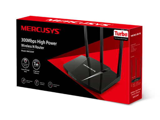 [108355] ROUTER INALÁMBRICO TP-LINK MERCUSYS MW330HP, STANDARD WIFI 4 (802.11B/G/N), ALTA POTENCIA, VELOCIDAD 300 MBPS, BOTÓN TURBO, CHIP PA DE ALTA POTENCIA (X2), 3 ANTENAS 7DBI, 1PUERTO WAN + 3LAN 10/100 MBPS. INLCLYE CABLE ETHERNET.