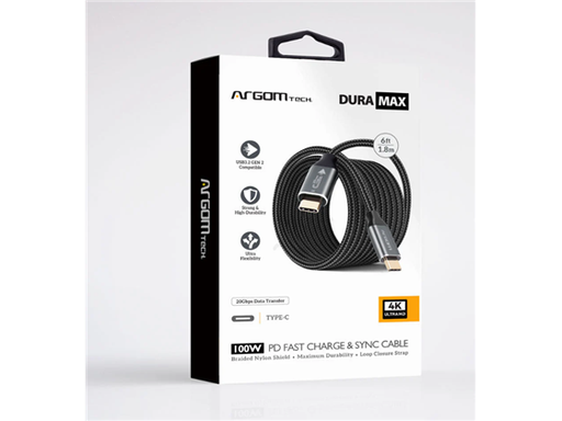 [108558] CABLE TIPO-C A TIPO-C ARGOM DE CARGA Y SINCRONIZACIÓN ULTRA RÁPIDA 100W, USB 3.2 GEN2, NYLON TRENZADO, CARCASA DE ALUMINIO, CHIPSET E-MARK, FLEXIBLE, TRANSFERENCIA 20GBPS, 1.8?M / 6?FT, NEGRO.