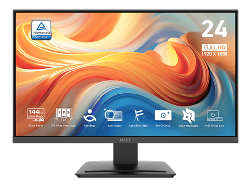 [108769] MONITOR MSI PRO MP243L E14, 24", FLAT, FHD (1920 X 1080) , 144 HZ, IPS, HDR, 1 X HDMI 2.0B , 1 X VGA, TECNOLOGIA EYESERGO, COLOR NEGRO