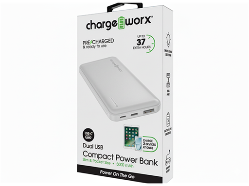 [108838] CARGADOR MOVIL (POWER BANK) CHARGEWORX, 5,000 MAH, DUAL USB, ENTRADA USB-C Y USB-A