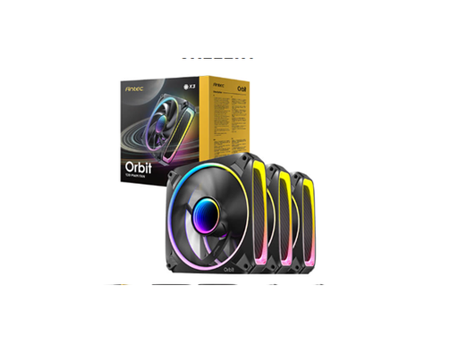 [108983] ABANICO PARA GABINETE ANTEC ORBIT 120 ARGB 3PK, SET DE TRES ABANICOS ARGB PWM DE 120MM CON GROSOR DE 28MM, ILUMINACIÓN ARGB DE DOBLE ANILLO CON EFECTO ESPEJO INFINITO ÚNICO, CONTROL DE VELOCIDAD PWM HASTA 2000 RPM, RODAMIENTOS FDB (FLUID DYNAMIC BEARING) PARA BAJO RUIDO Y MAYOR DURABILIDAD, INCLUYE CONTROLADOR ARGB DEDICADO.