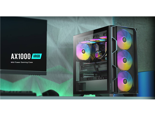 [108970] CASE GAMING ANTEC AX1000 ARGB MID-TOWER. COLOR NEGRO CON UN DISEÑO DE PANEL FRONTAL EN MALLA DIAMANTE PARA UN ÓPTIMO FLUJO DE AIRE. CUENTA CON PANEL LATERAL COMPLETO DE VIDRIO TEMPLADO ABISAGRADO PARA FÁCIL ACCESO. INCLUYE CUATRO VENTILADORES ARGB DE 120MM PREINSTALADOS (TRES FRONTALES Y UNO TRASERO). CONECTIVIDAD FRONTAL: DOS PUERTOS USB 2.0, UN PUERTO USB 3.0 Y AUDIO HD, MÁS BOTÓN DE CONTROL DE LED. SOPORTA PLACAS BASE ATX, MICRO-ATX E ITX. OFRECE AMPLIO ESPACIO PARA DISIPADORES DE CPU (HASTA 170MM) Y TARJETAS GRÁFICAS (HASTA 300MM). CAPACIDAD PARA UNIDADES DE ALMACENAMIENTO DE 3.5" Y 2.5".