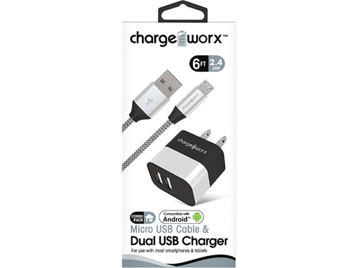 [86974] CARGADOR DE PARED + CABLE MICRO USB, DUAL USB (2.4AMP) CHARGEWORX PARA SMARTPHONES & TABLETS, 6FT, PLATEADO, METAL , COMPATIBLE CON ANDROID