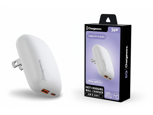 [109551] CARGADOR DE PARED DUAL USB-A Y USB TYPE-C  CHARGEWORX PARA SMARTPHONES & TABLETS,PD 36W, ENCHUFE PLEGABLE, BLANCO.