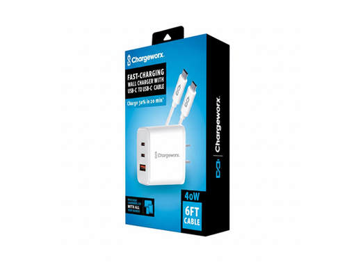 [109544] CARGADOR DE PARED DUAL USB Y USB TYPE-C  CHARGEWORX PARA SMARTPHONES & TABLETS,PD 40W, BLANCO.