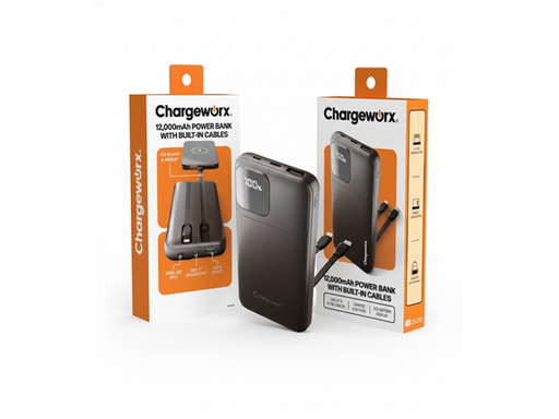 [109575] CARGADOR MOVIL (POWER BANK) CHARGEWORX, BATERIA RECARGABLE 12,000MAH, CABLE DE CARGA INTEGRADO LIGHTNING Y USB-C, 2X USB-A Y 1X USB-C,  NEGRO