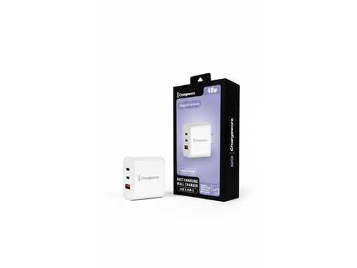 [109554] CARGADOR DE PARED USB-A Y USB TYPE-C  CHARGEWORX PARA SMARTPHONES & TABLETS,PD 48W, CARGA 3 DISPOSITIVOS A LA VEZ, BLANCO.