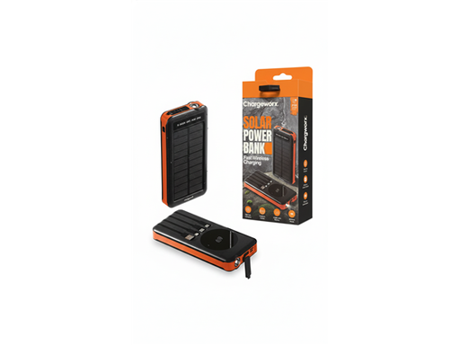 [109573] CARGADOR MOVIL (POWER BANK) PANEL SOLAR, CHARGEWORX, BATERIA RECARGABLE 16,000MAH, CABLE DE CARGA INTEGRADO LIGHTNING, 2 X USB-C, LINTERNA, CARGA RAPIDA DE 15W, RESISTENTE A SALPICADURAS IPX4, NEGRO/NARANJA