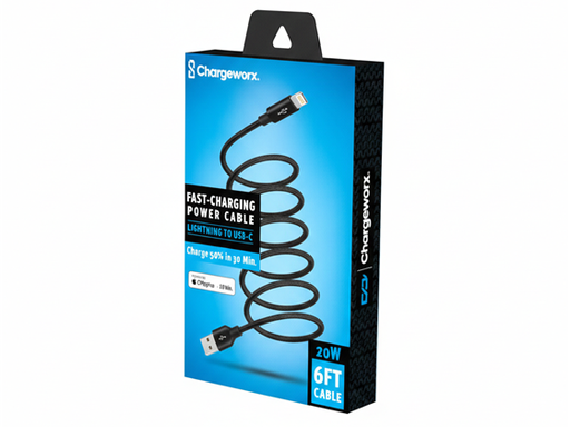 [109565] CABLE USB/LIGHTNING, CHARGEWORX, 6FT, 20W, PARA IPHONE, NEGRO