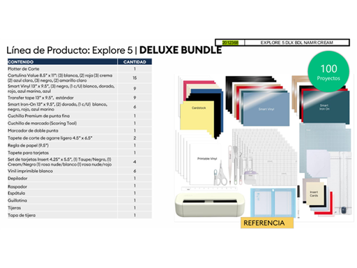 [109907] MAQUINA DE CORTE CRICUT EXPLORE 5 BI-VOLT USB-PLUG, COLOR CREMA + KIT DE HERRAMIENTAS DELUXE PARA 100 PROYECTOS. CONTIENE: PLOTTER DE CORTE, CARTULINA 8.5" X 11", SMART VINYL, TRANSFER TAPE, 13" X 9.5", SMART IRON-ON 13" X 9.5", CUCHILLA PREMIUM DE PUNTA FINA, CUCHILLA DE MARCADO, MARCADOR DE DOBLE PUNTA, TAPETE DE CORTE, REGLA DE PAPEL 9.5", TAPETE PARA TARJETAS, SET DE TARJETAS 4.25" X 5.5", VINIL IMPRIMIBLE BLANCO, DEPILADOR, RASPADOR, ESPATULA, GUILLOTINA, TIJERAS, TAPA DE TIJERA.