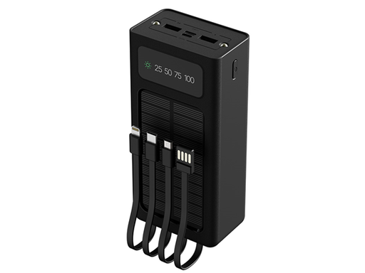 [110152] CARGADOR MÓVIL (POWER BANK) XTECH CON PANEL SOLAR Y CABLES INTEGRADOS (1X USB MICRO - 1X USB-C - 1X LIGHTNING), 2X USB-A Y 1X USB-C (ENTRADA Y SALIDA), PANTALLA LED, 2 LINTERNAS LEDS, 30.000MAH (XPB-300)