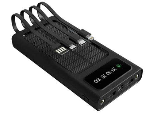 [110150] CARGADOR MÓVIL (POWER BANK) XTECH CON PANEL SOLAR Y CABLES INTEGRADOS (1X USB MICRO - 1X USB-C - 1X LIGHTNING), 2X USB-A Y 1X USB-C (ENTRADA Y SALIDA), PANTALLA LED, 2 LINTERNAS LEDS, 10.000MAH (XPB-100)