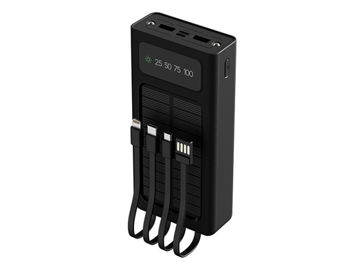 [110151] CARGADOR MÓVIL (POWER BANK) XTECH CON PANEL SOLAR Y CABLES INTEGRADOS (1X USB MICRO - 1X USB-C - 1X LIGHTNING), 2X USB-A Y 1X USB-C (ENTRADA Y SALIDA), PANTALLA LED, 2 LINTERNAS LEDS, 20.000MAH (XPB-200)