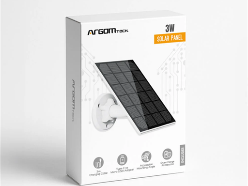 [110281] PANEL SOLAR ARGOM, 3W, PARA DISPOSITIVOS EXTERIORES CON BATERIA, CABLE DE 10 PIES TYPE-C, IP65, ADAPTADOR TYPE-C A MICRO USB, PARA CAMARAS IP Y TIMBRES CON BATERIA